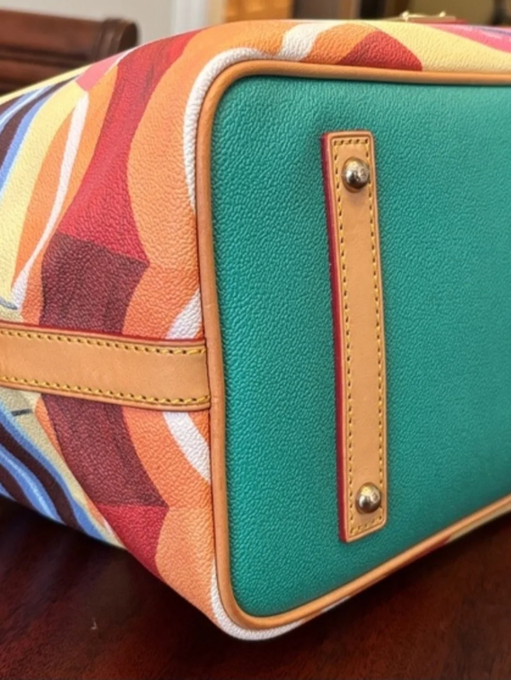Dooney & Bourke Blue Multicolor Umbrella Print Canvas Tote with Tan Leather Trim - Picture 6 of 11